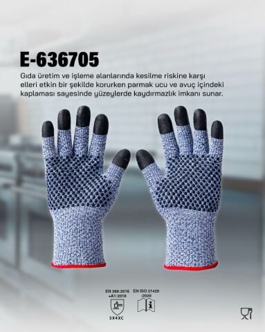 Starline E-636705 Naylon+Likra  15-G Astar Avuç içi Dotlu C Kesilme Dirençli Gıda İş Eldiveni EN 388-3X4XC
