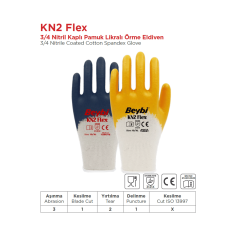 KN2 Flex 3/4 Nitril Kaplı Pamuk Likralı Örme Eldiven