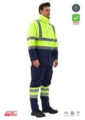 SafeSawa Alaska Hi-Vis 5 in 1 Parka Neon Sarı Lacivert Reflektörlü %100 Polyester 300D Oxford PU Kaplı
