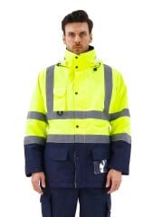 SafeSawa Alaska Hi-Vis 5 in 1 Parka Neon Sarı Lacivert Reflektörlü %100 Polyester 300D Oxford PU Kaplı