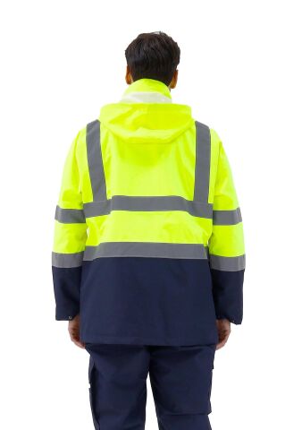 SafeSawa Alaska Hi-Vis 5 in 1 Parka Neon Sarı Lacivert Reflektörlü %100 Polyester 300D Oxford PU Kaplı