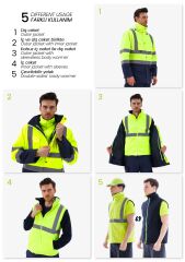 SafeSawa Alaska Hi-Vis 5 in 1 Parka Neon Sarı Lacivert Reflektörlü %100 Polyester 300D Oxford PU Kaplı