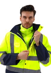 SafeSawa Alaska Hi-Vis 5 in 1 Parka Neon Sarı Lacivert Reflektörlü %100 Polyester 300D Oxford PU Kaplı