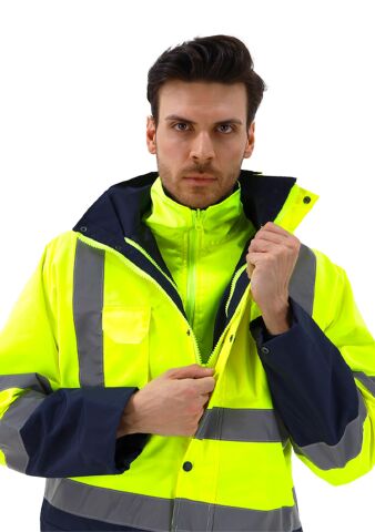 SafeSawa Alaska Hi-Vis 5 in 1 Parka Neon Sarı Lacivert Reflektörlü %100 Polyester 300D Oxford PU Kaplı