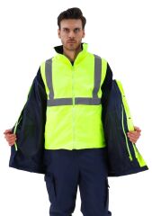 SafeSawa Alaska Hi-Vis 5 in 1 Parka Neon Sarı Lacivert Reflektörlü %100 Polyester 300D Oxford PU Kaplı