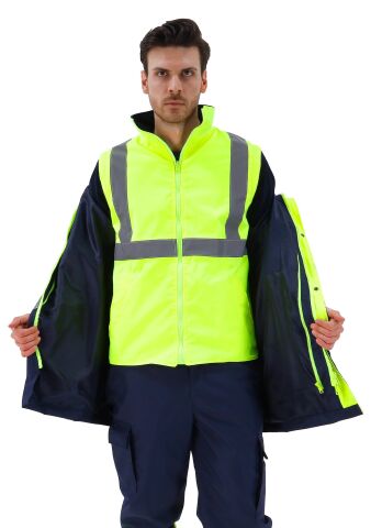 SafeSawa Alaska Hi-Vis 5 in 1 Parka Neon Sarı Lacivert Reflektörlü %100 Polyester 300D Oxford PU Kaplı