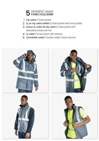 SafeSawa Alaska 5 in 1 Parka Lacivert Reflektörlü %100 Polyester 300D Oxford PU Kaplı