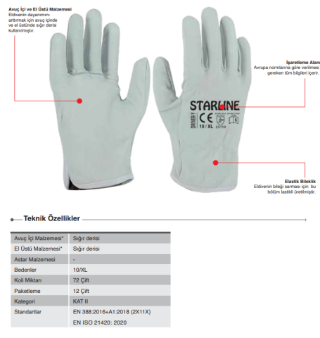 Starline Driver-Y Bufalo Cilt Deri Montaj Eldiveni Astarsız EN388-2X11X