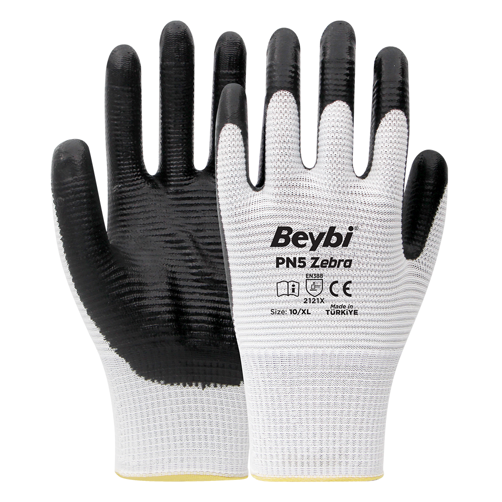 Beybi Pn5 Zebra Beyaz Polyester Örme Nitril 1/2 Kaplama İş Eldiveni