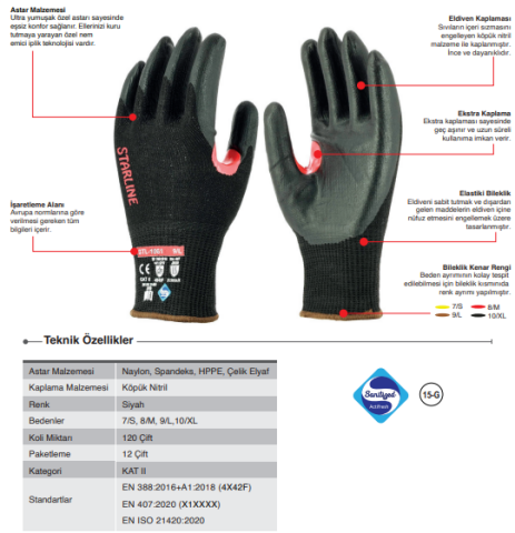 Starline STL-1061 1/2 Köpük Nitril Kaplı F Kesilme Dirençli İş Eldiveni