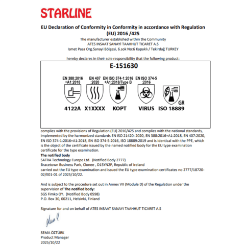 Starline E-151630 Naylon + Spandeks Isı Dirençli Kimyasal İş Eldiveni