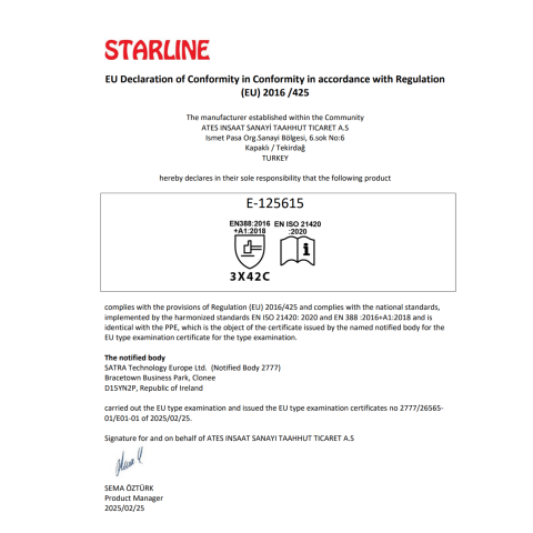 Starline E-125615 TPR Kaplama HPPE Astar Darbelere Karşı C Kesilme Dirençli İş Eldiveni