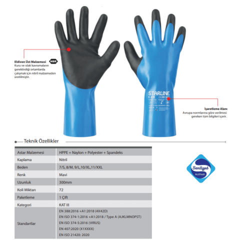 Starline E-570 HPEE + Naylon + Polyester + Spandeks D Seviye Kesilme Dirençli ve 100˚C Isı Dirençli Kimyasal İş Eldiveni