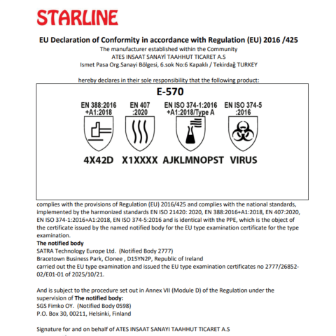 Starline E-570 HPEE + Naylon + Polyester + Spandeks D Seviye Kesilme Dirençli ve 100˚C Isı Dirençli Kimyasal İş Eldiveni